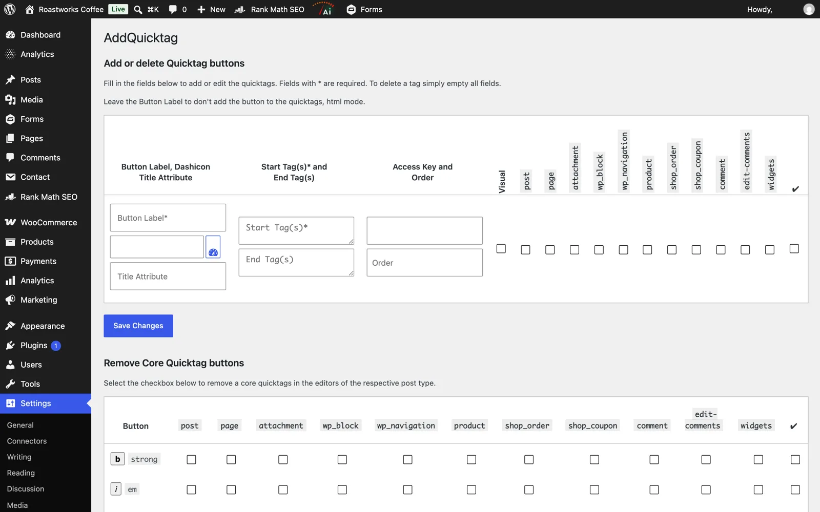AddQuicktag settings page for custom Classic editor buttons