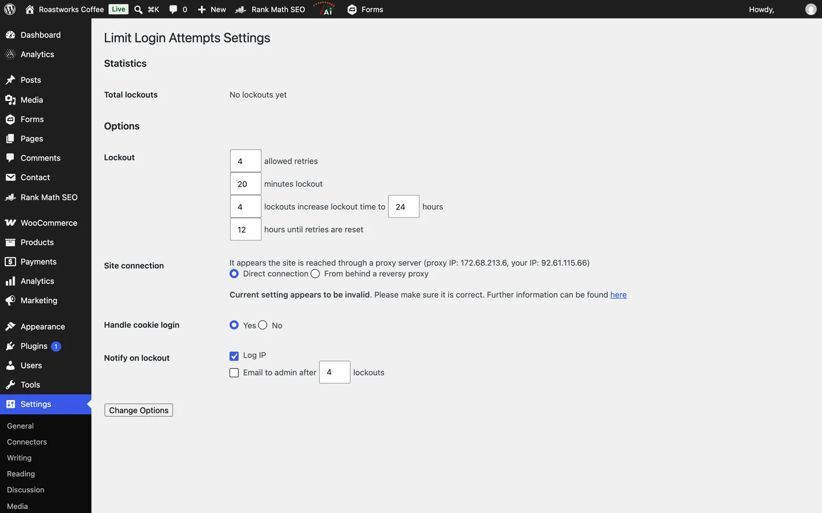 Limit Login Attempts settings page with lockout options