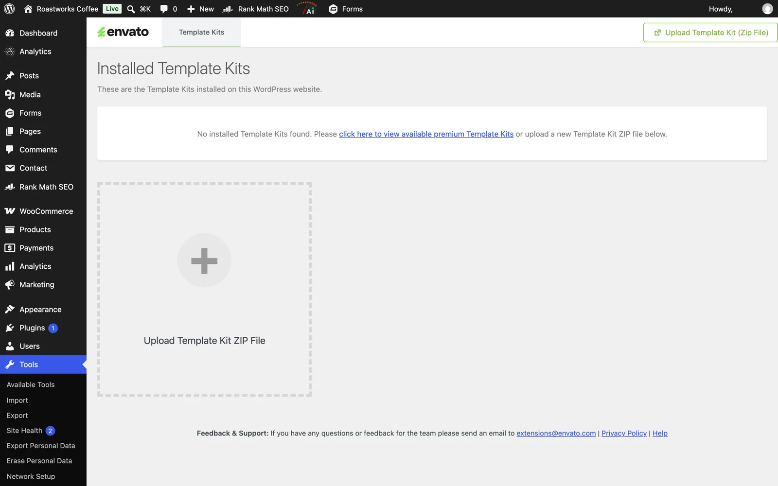 Template Kit Import settings page under Tools on WordPress 7.1