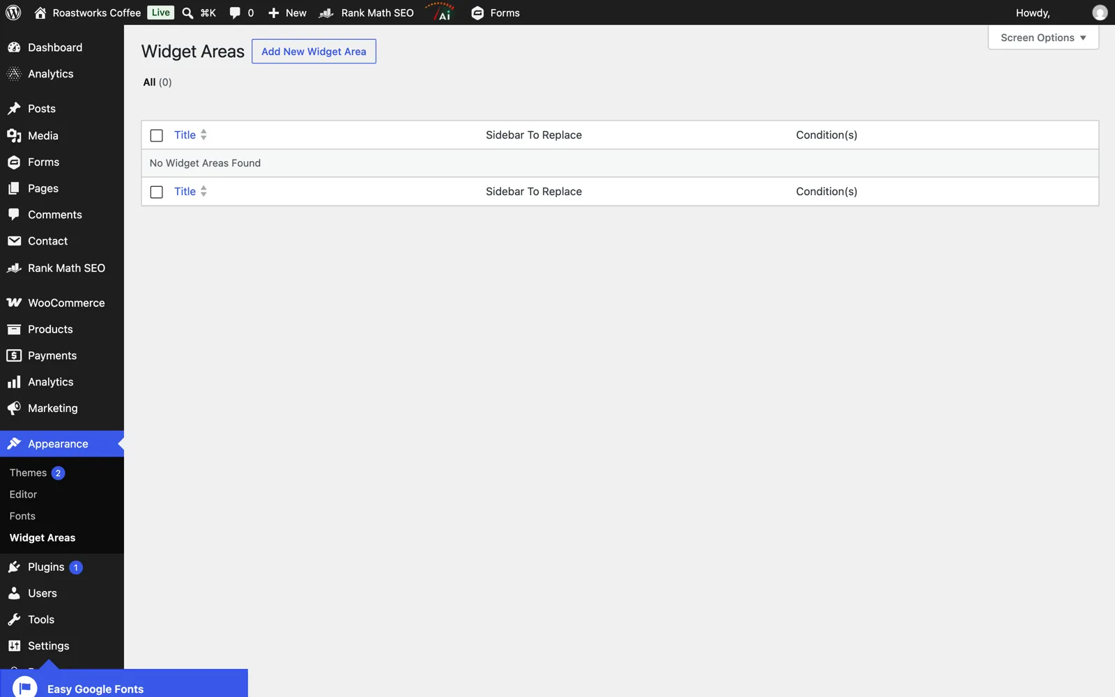 WooSidebars Widget Areas list screen