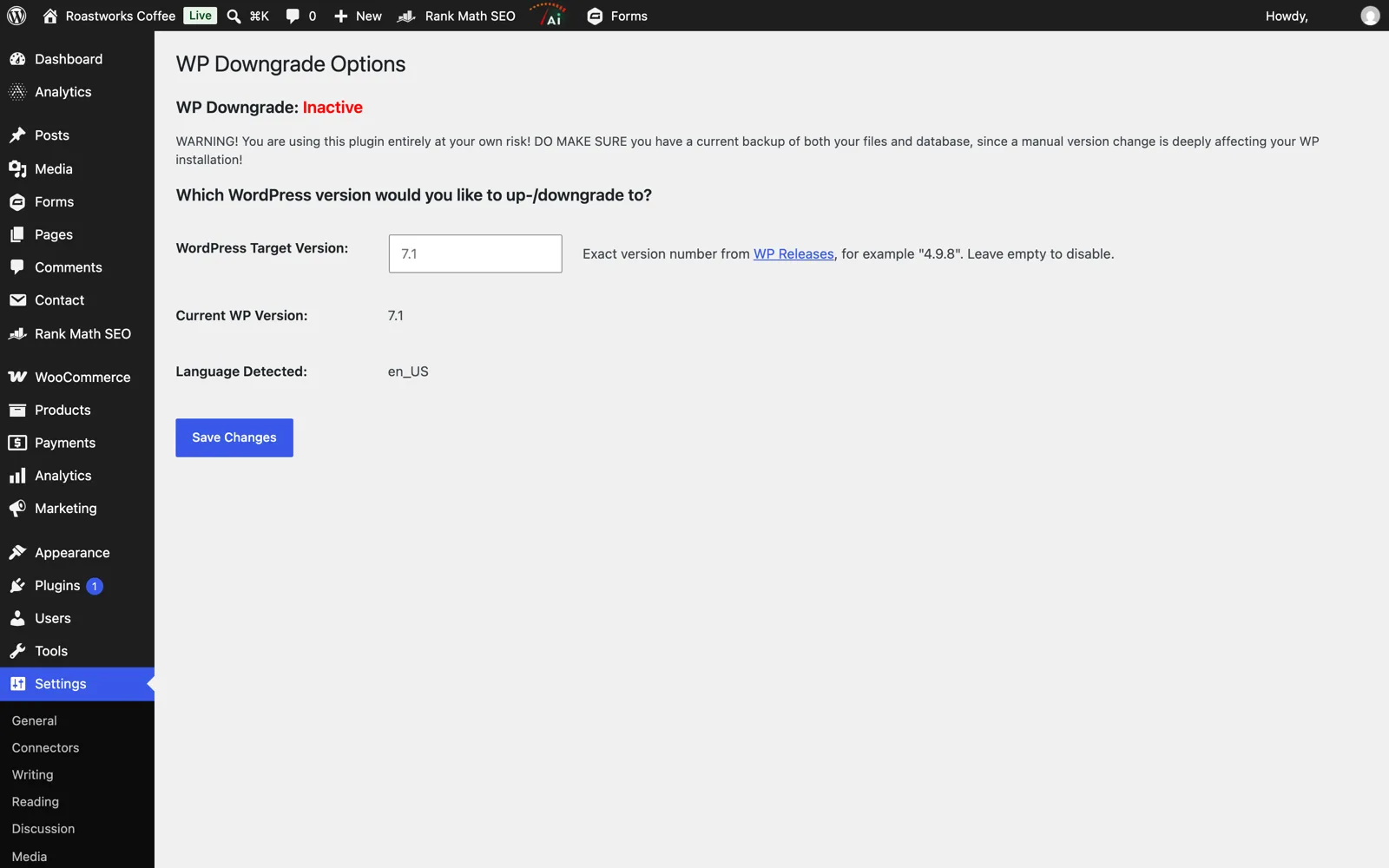 WP Downgrade options page with WordPress target version field