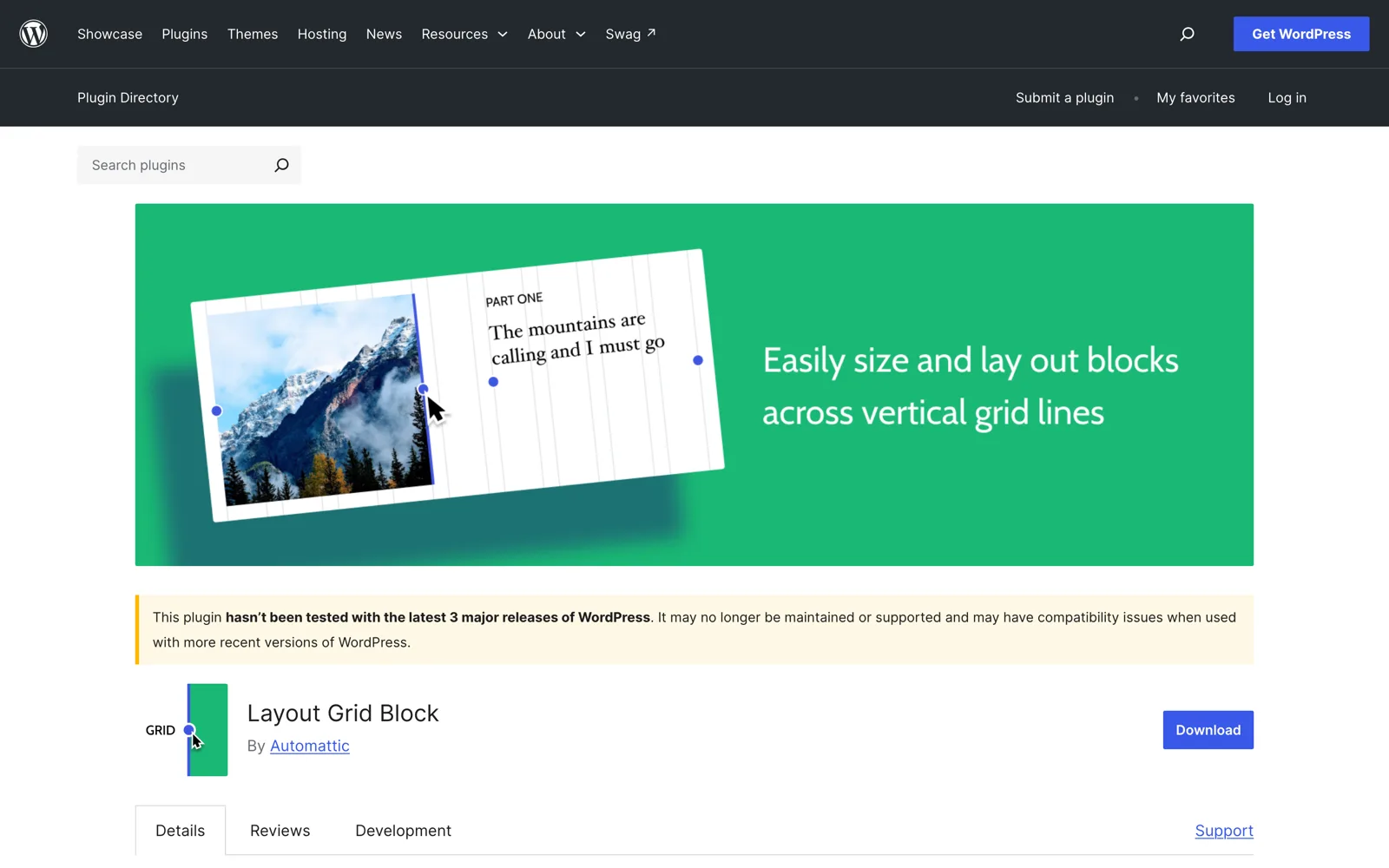 wordpress.org plugin page for Layout Grid Block showing the warning banner and 200,000 installs