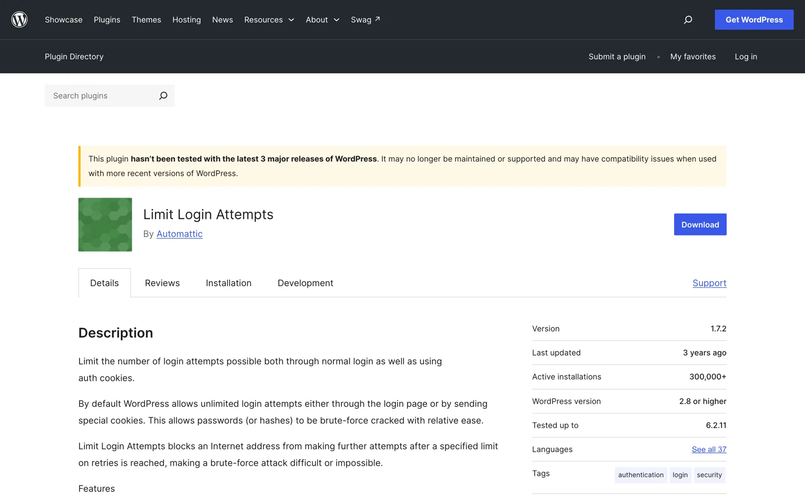 wordpress.org plugin page for Limit Login Attempts showing the not-tested-with-latest-3-releases warning
