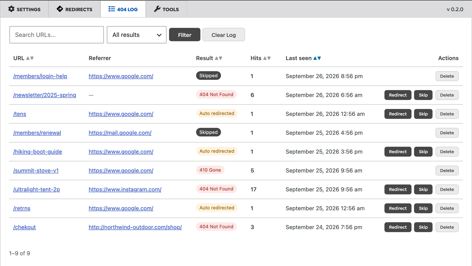Must-Have Redirect 404 log with URL, referrer, result, hits and last seen columns, and Redirect, Skip and Delete buttons per row
