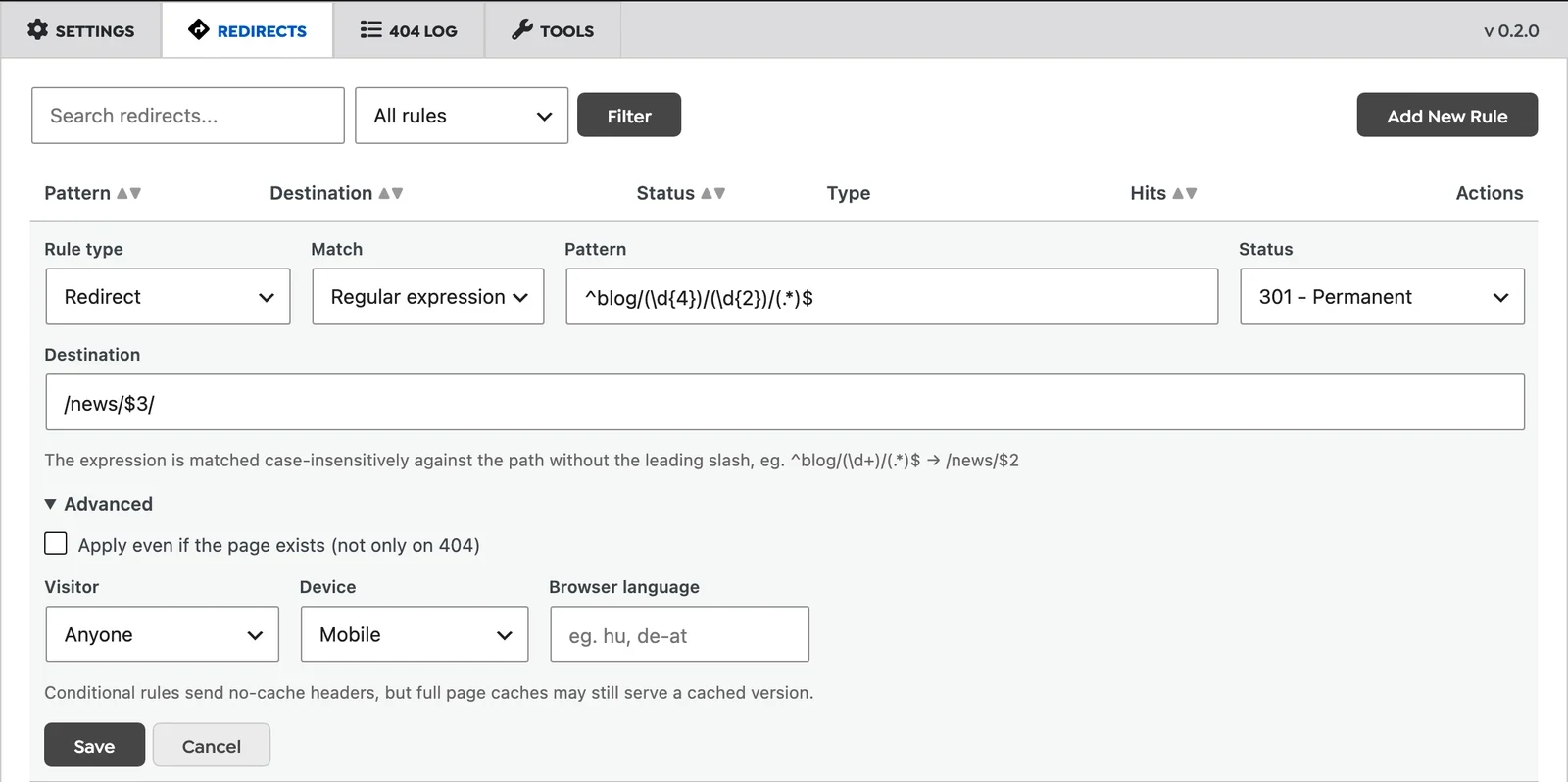 Rule editor with a regular expression pattern, a destination using $3, and the Advanced section open showing visitor, device and browser language conditions