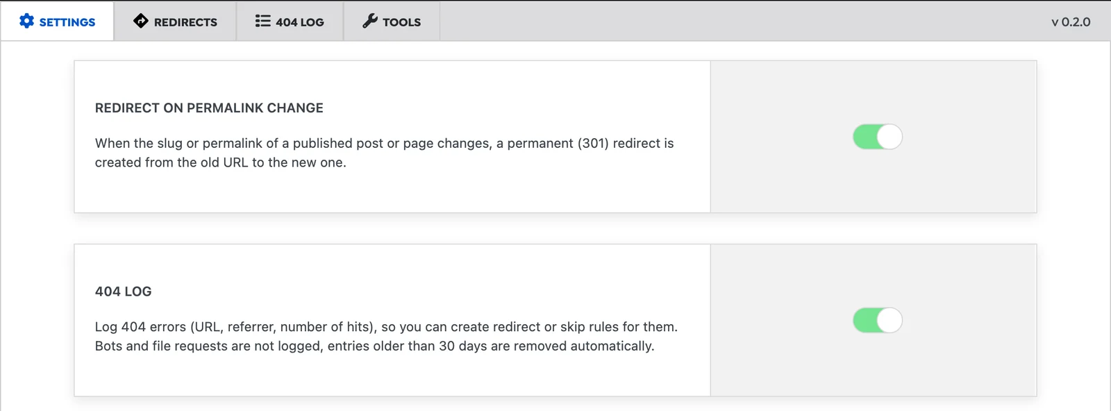 Settings tab with the new Redirect on permalink change and 404 Log switches turned on