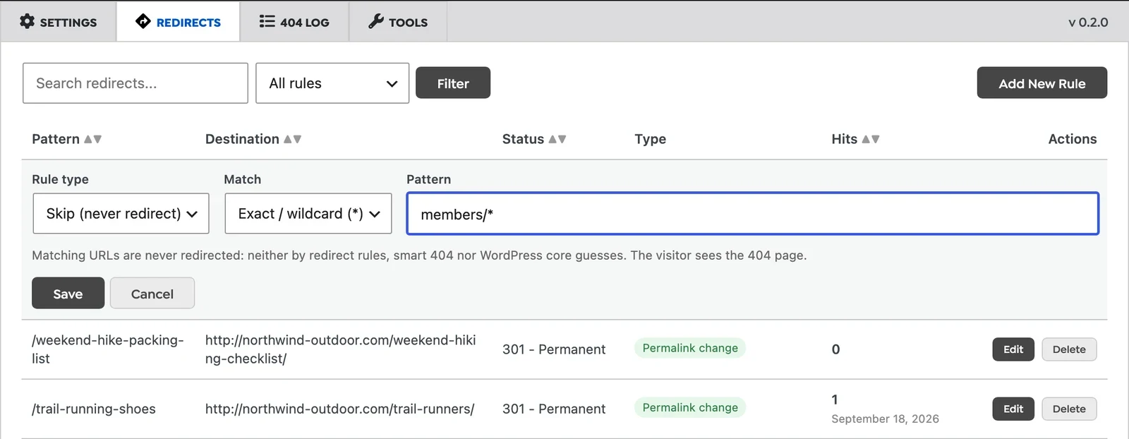 Rule editor with rule type set to Skip (never redirect) and the pattern members/*
