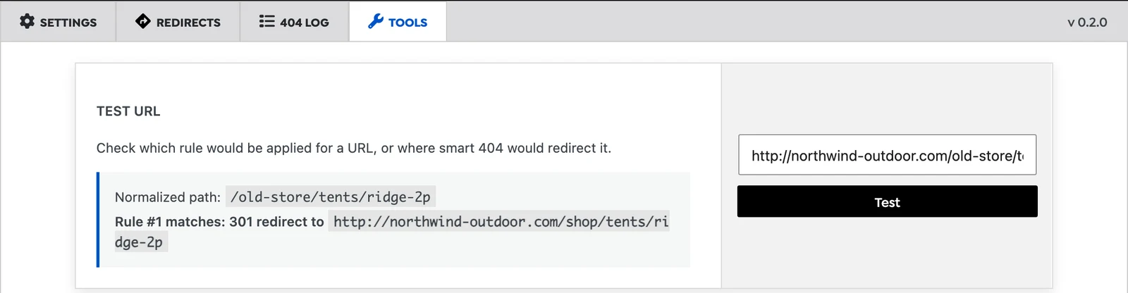 URL tester showing that rule 1 matches /old-store/tents/ridge-2p and redirects it with 301 to /shop/tents/ridge-2p