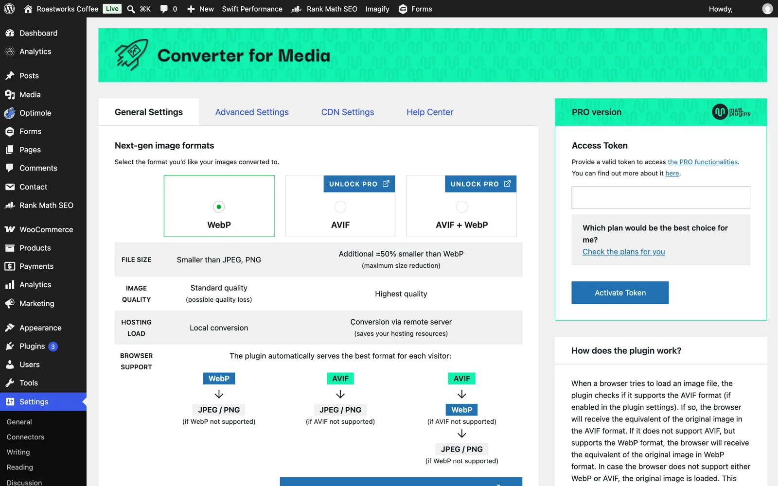 Converter for Media settings showing WebP selected for free and AVIF and AVIF+WebP locked behind Pro