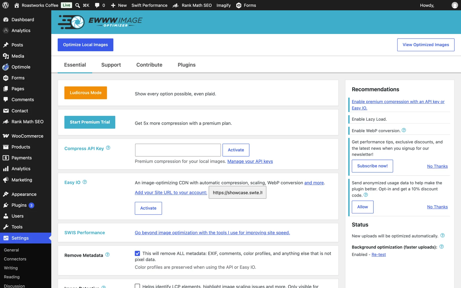 EWWW Image Optimizer settings page showing the free local mode, Compress API key field and Easy IO CDN activation