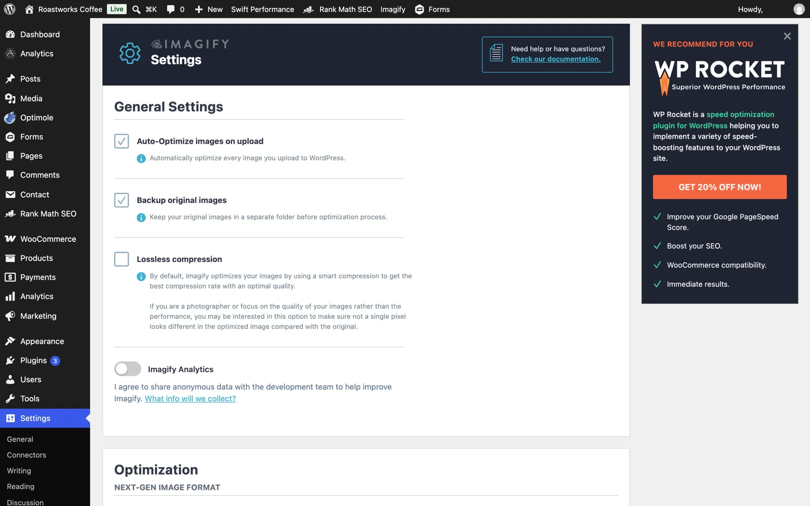 Imagify general settings with auto-optimize on upload, backup of originals and lossless compression toggle