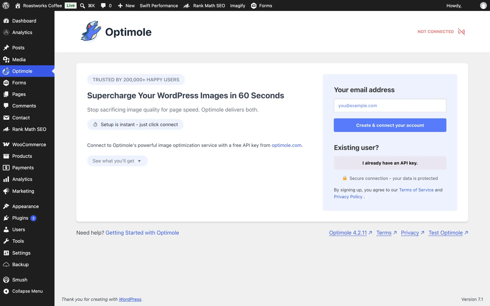 Optimole plugin connect screen asking for an email address or existing API key