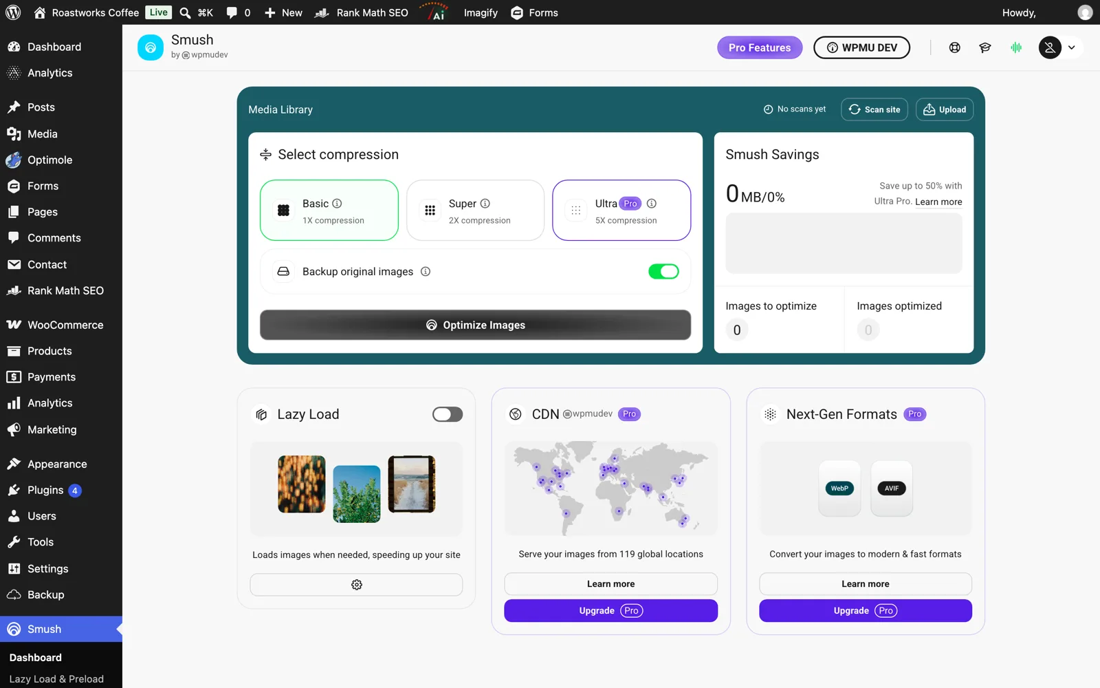 Smush dashboard showing Basic, Super and Ultra compression levels, lazy load, CDN and next-gen formats cards
