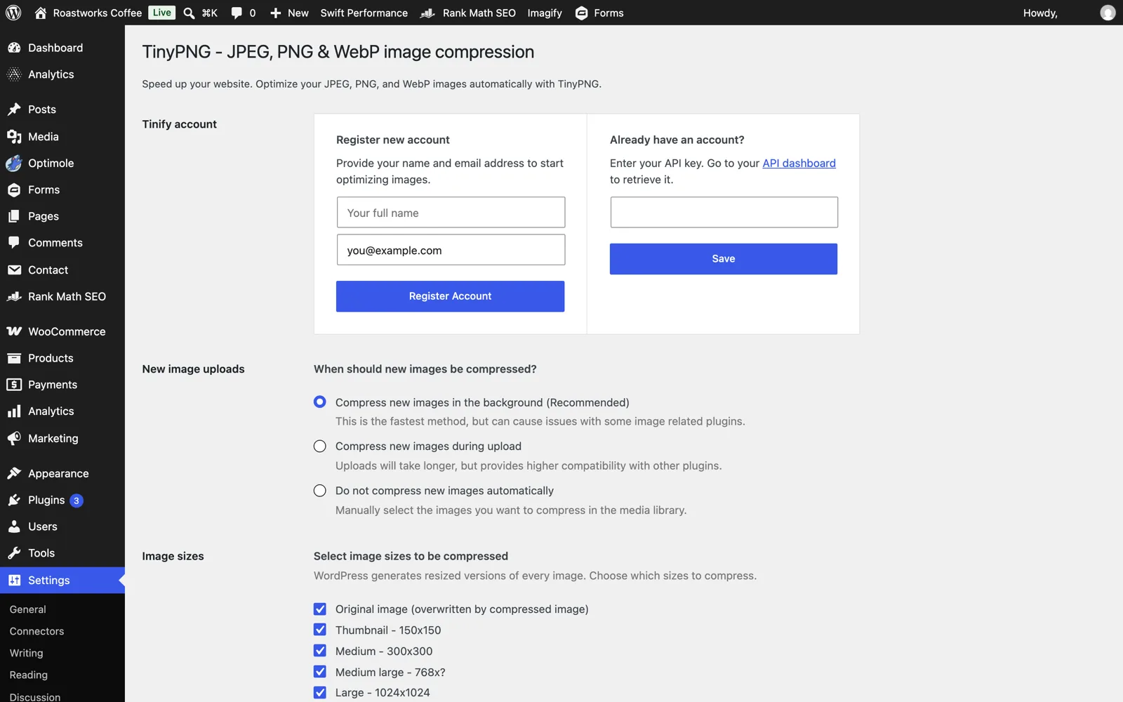 TinyPNG plugin settings with Tinify account registration and the choice of compressing new uploads in the background