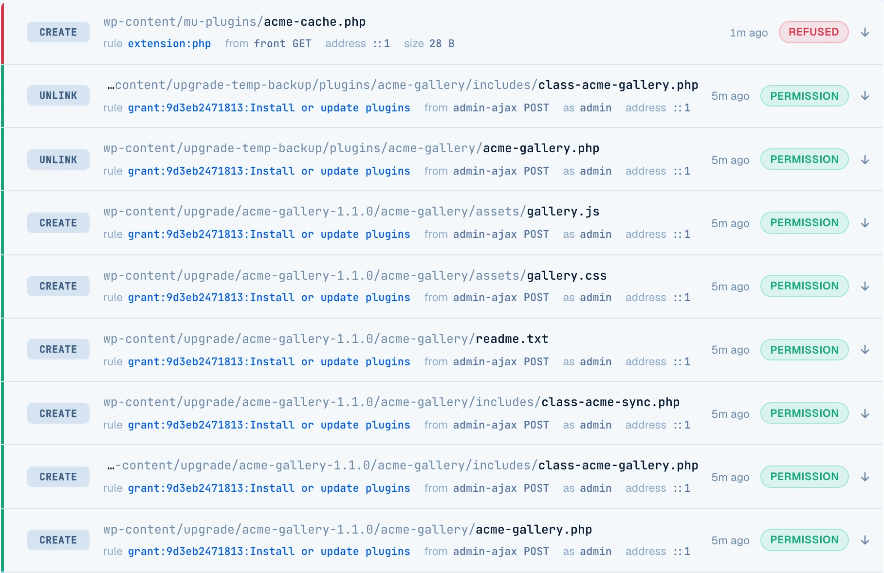 The Must-Have Security file log: the plugin update writing its files under the administrator's permission, and later a refused attempt to create wp-content/mu-plugins/acme-cache.php from a front-end request