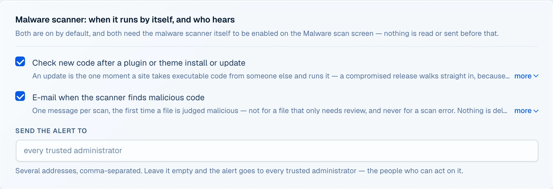 The Advanced screen of Must-Have Security with two switches on: Check new code after a plugin or theme install or update, and E-mail when the scanner finds malicious code, with the alert address field