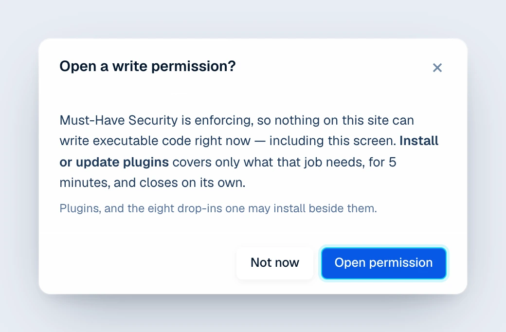 Must-Have Security asking whether to open a write permission for installing or updating plugins, for 5 minutes, before an update on the Plugins screen