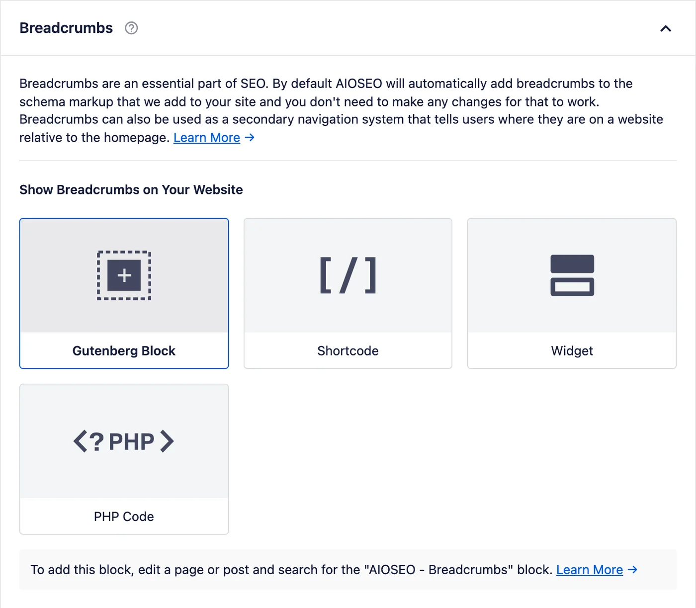 All in One SEO breadcrumb settings with Gutenberg block, shortcode, widget and PHP code options