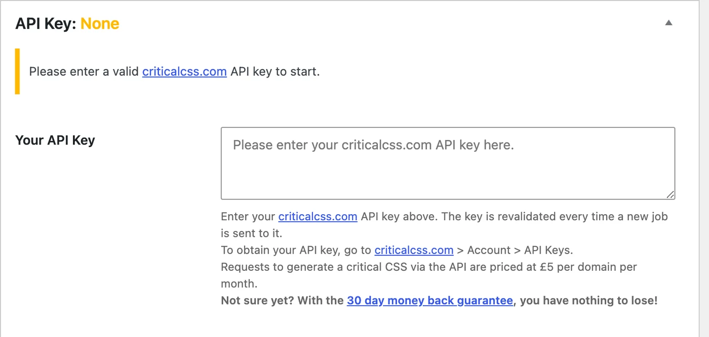 Autoptimize Critical CSS tab with an empty criticalcss.com API key field