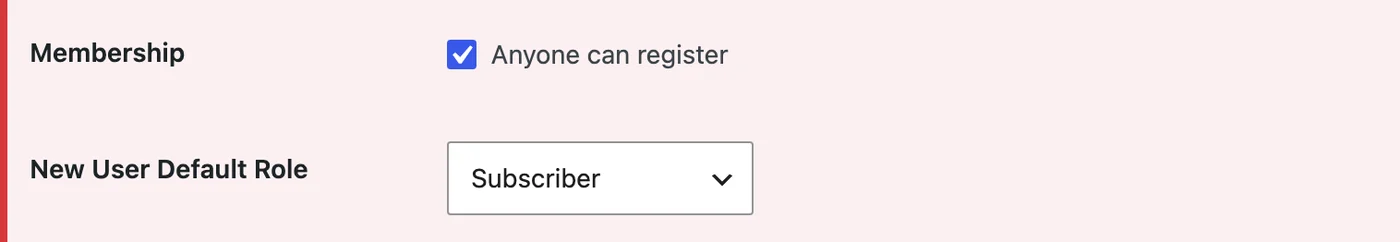 WordPress General Settings with Anyone can register enabled and New User Default Role set to Subscriber