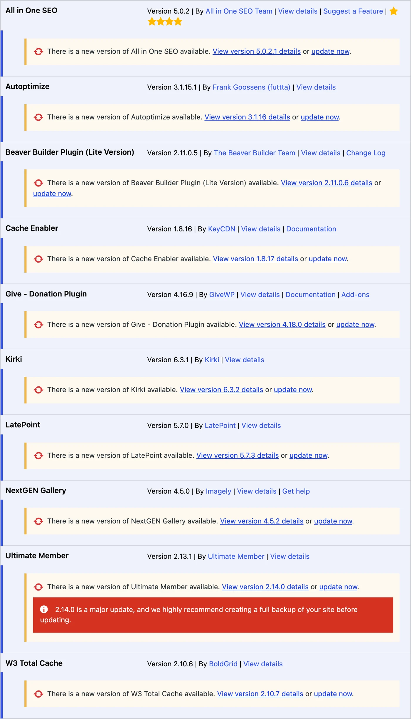 WordPress Plugins screen with updates available for All in One SEO, Autoptimize, Beaver Builder, Cache Enabler, GiveWP, Kirki, LatePoint, NextGEN Gallery, Ultimate Member and W3 Total Cache