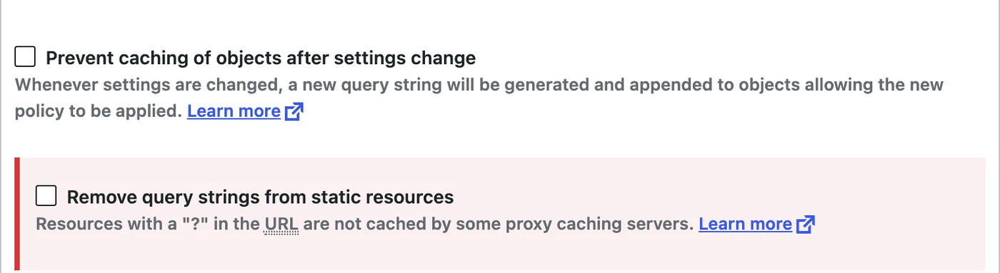 W3 Total Cache Browser Cache settings with the Remove query strings from static resources option highlighted