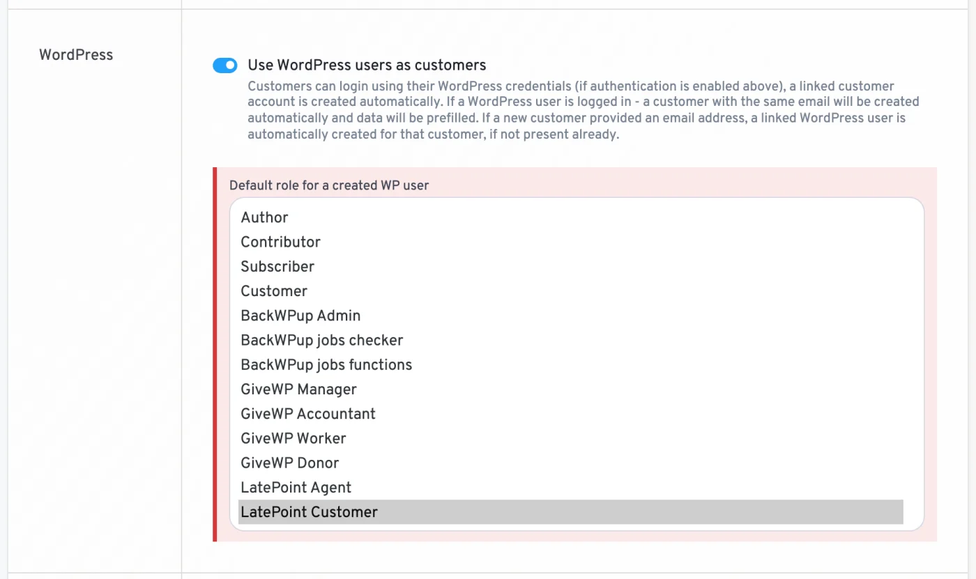 LatePoint General settings with Use WordPress users as customers enabled and the Default role for a created WP user list expanded