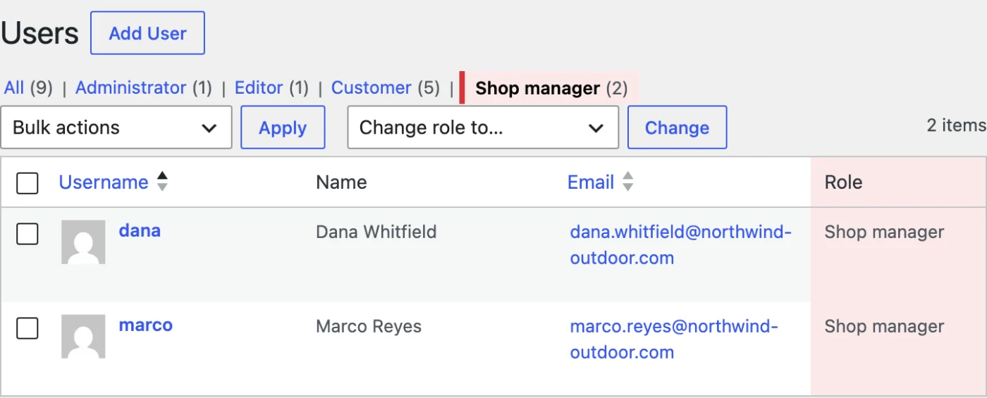 WordPress Users screen filtered to the Shop manager role, listing two accounts