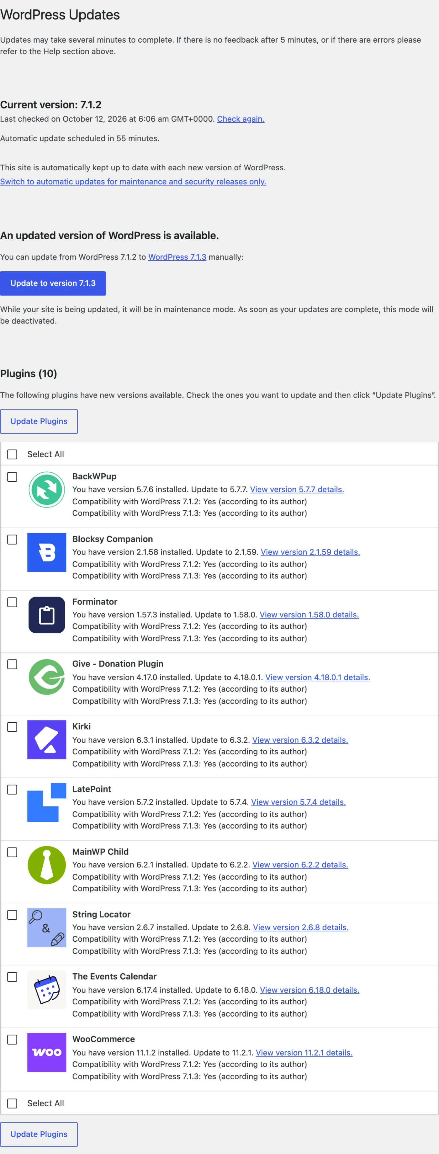 WordPress Updates screen offering WordPress 7.1.3 and updates for BackWPup, Blocksy Companion, Forminator, GiveWP, Kirki, LatePoint, MainWP Child, String Locator, The Events Calendar and WooCommerce