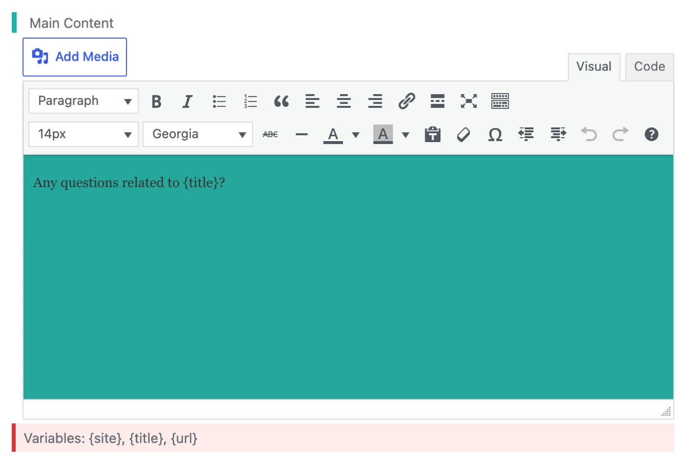 Click to Chat greetings dialog Main Content field with the variables site, title and url listed below it