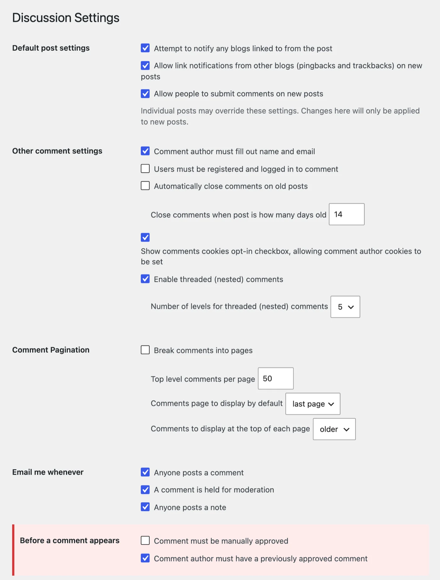 WordPress Settings, Discussion screen with the Before a comment appears options highlighted