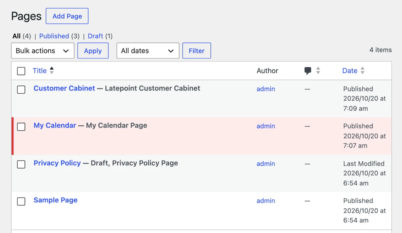 WordPress Pages screen showing the My Calendar page published automatically by the plugin