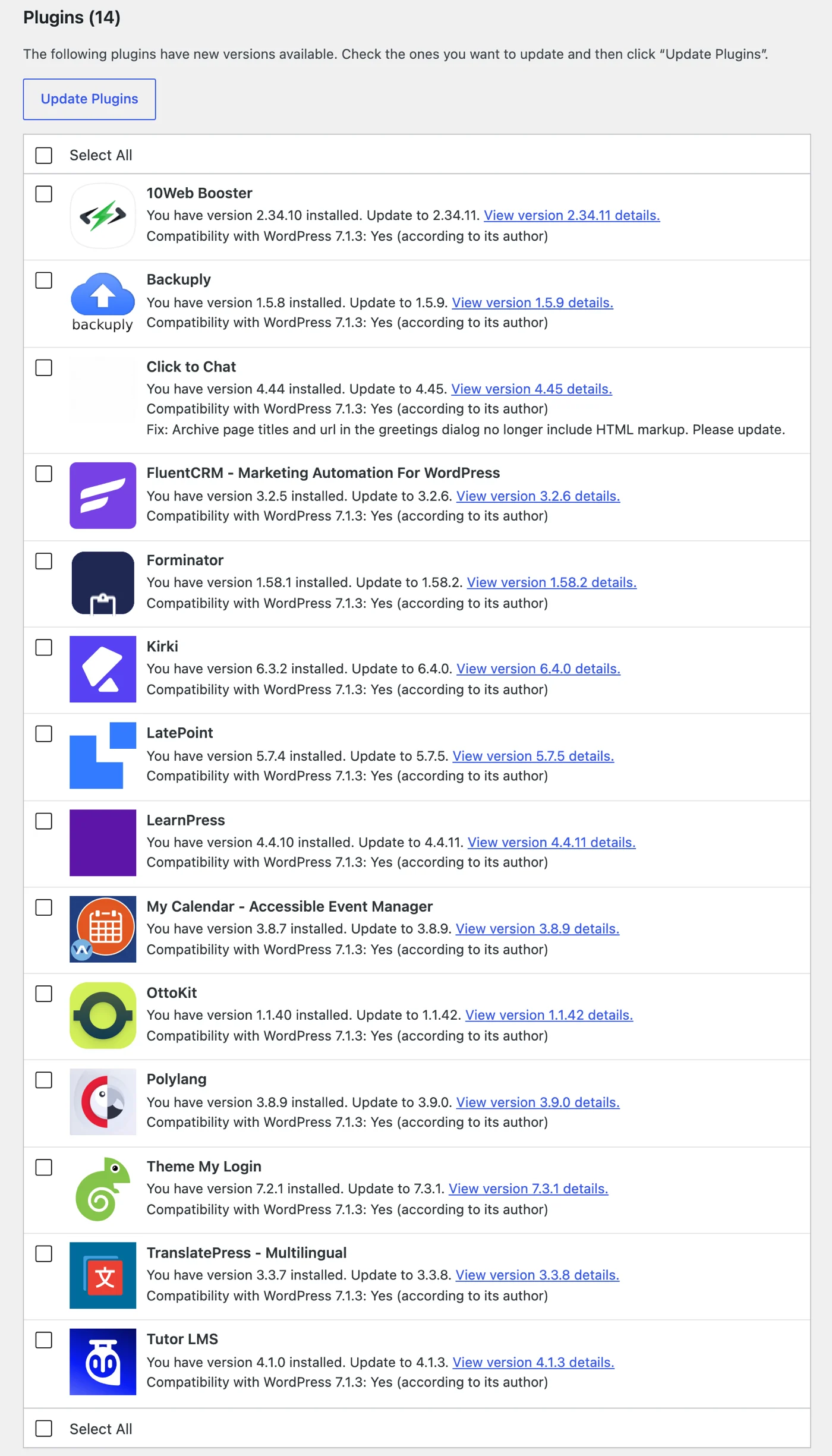 WordPress Dashboard Updates screen listing 14 plugin updates on a test site running the vulnerable versions from the October 12 to 18, 2026 report
