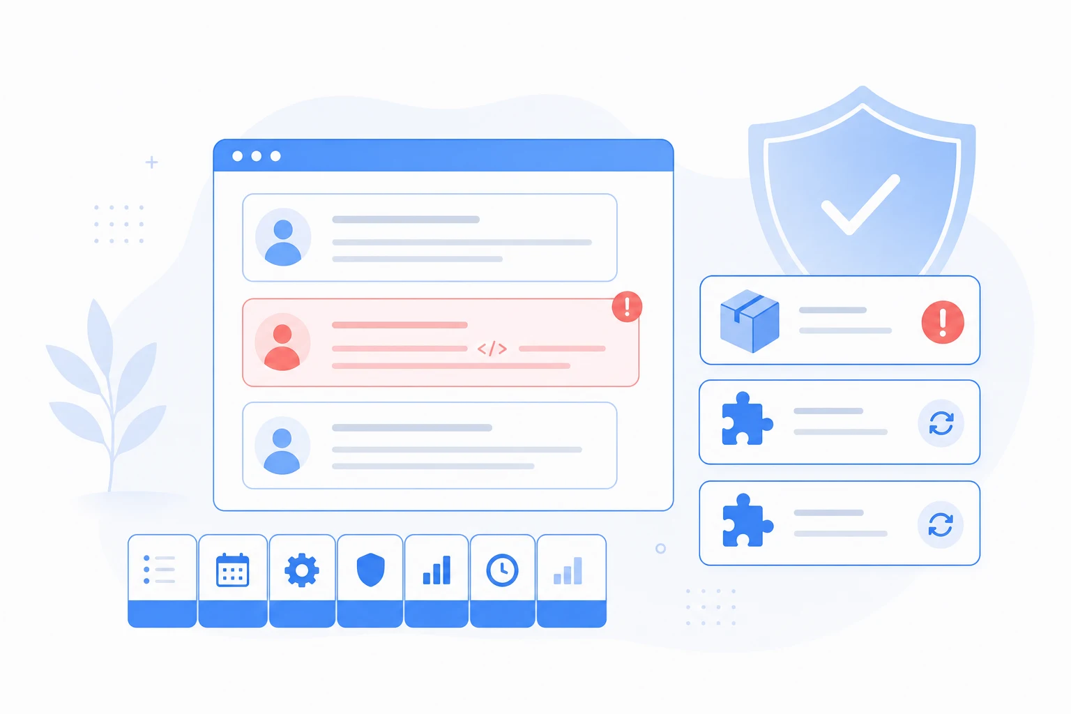 Illustration of a comment thread with one malicious comment and plugin updates behind a security shield